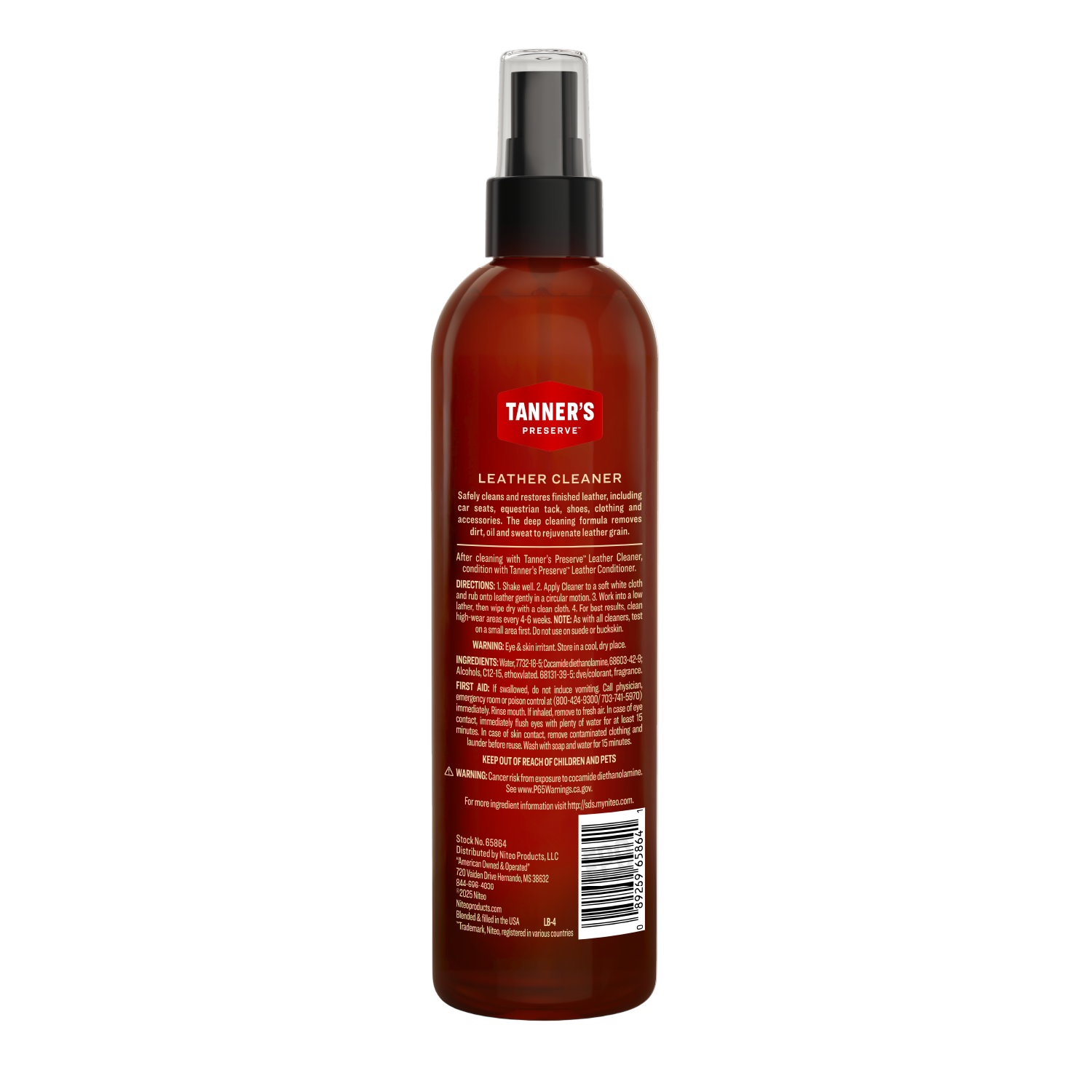 Bottle of Tanner's leather cleaner on a white background