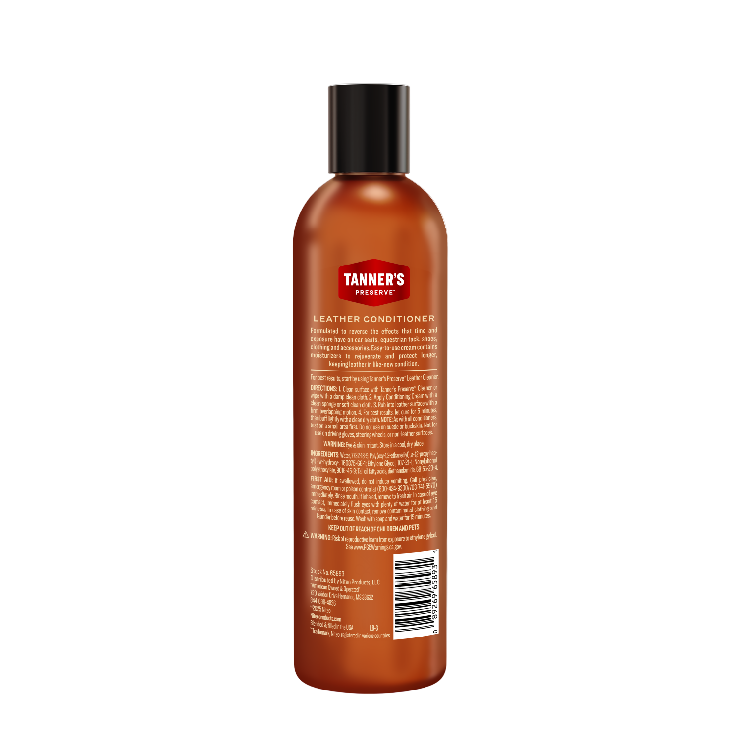 Bottle of Tanner's leather conditioner on a white background